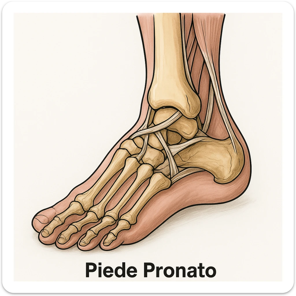 Anatomical illustration of a pronated foot, detailed bones and soft tissue, medical style, neutral background, 3/4 view, inspired by the reference image. sticker
