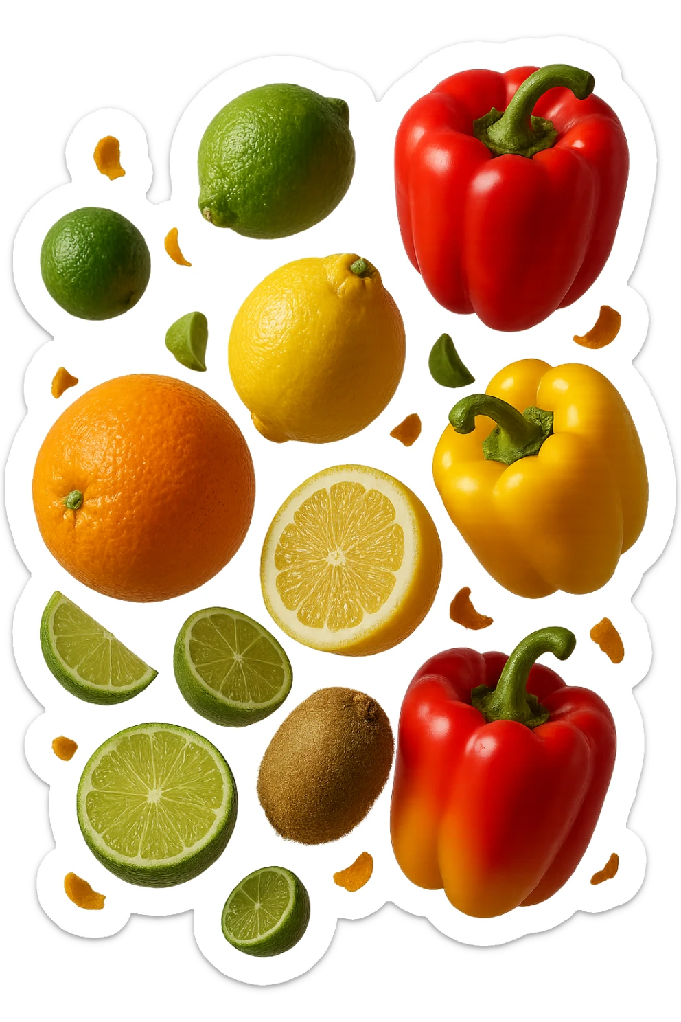 agrumi, kiwi, peperoni fluttuano in aria insieme a piccoli pezzi di colon in 3d, iperrealistici 4k sticker