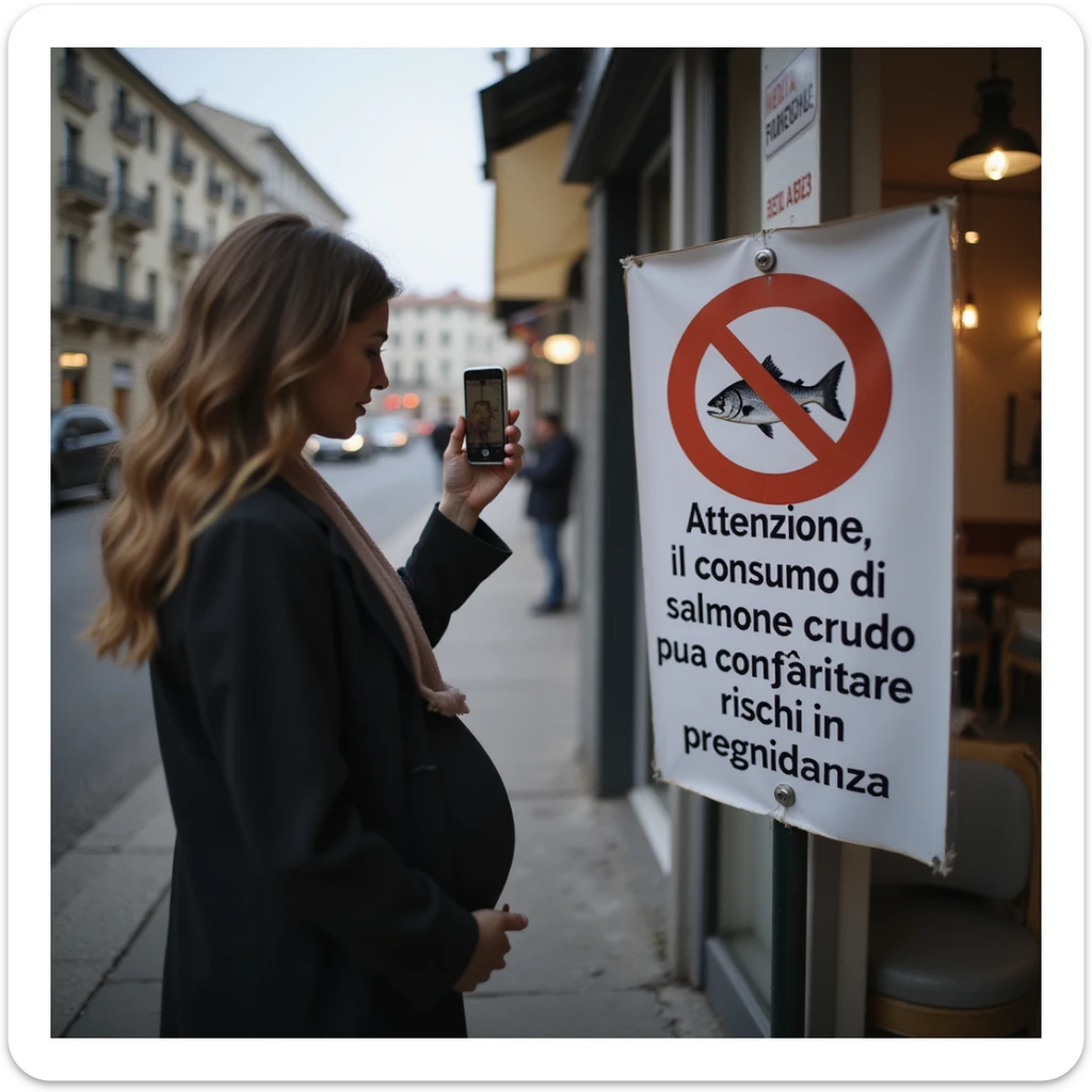 realistic pregnant woman in 4K taking a photo with a cellphone of a sign that says: 'Attenzione, il consumo di salmone crudo puo comportare rischi in gravidanza' sticker