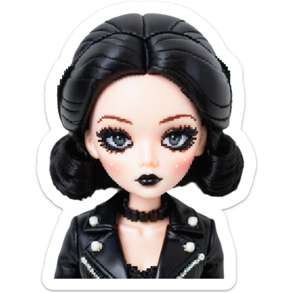 Chucky's bride doll with black lipstick, black dress, leather jacket, smoky eye makeup sticker