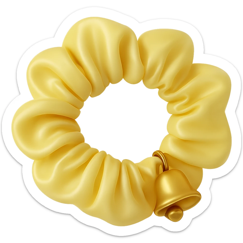 Change the gold star charm to a small Christmas bell charm on the pastel yellow silky scrunchie, keep the 3D emoji style and shimmer effect. sticker