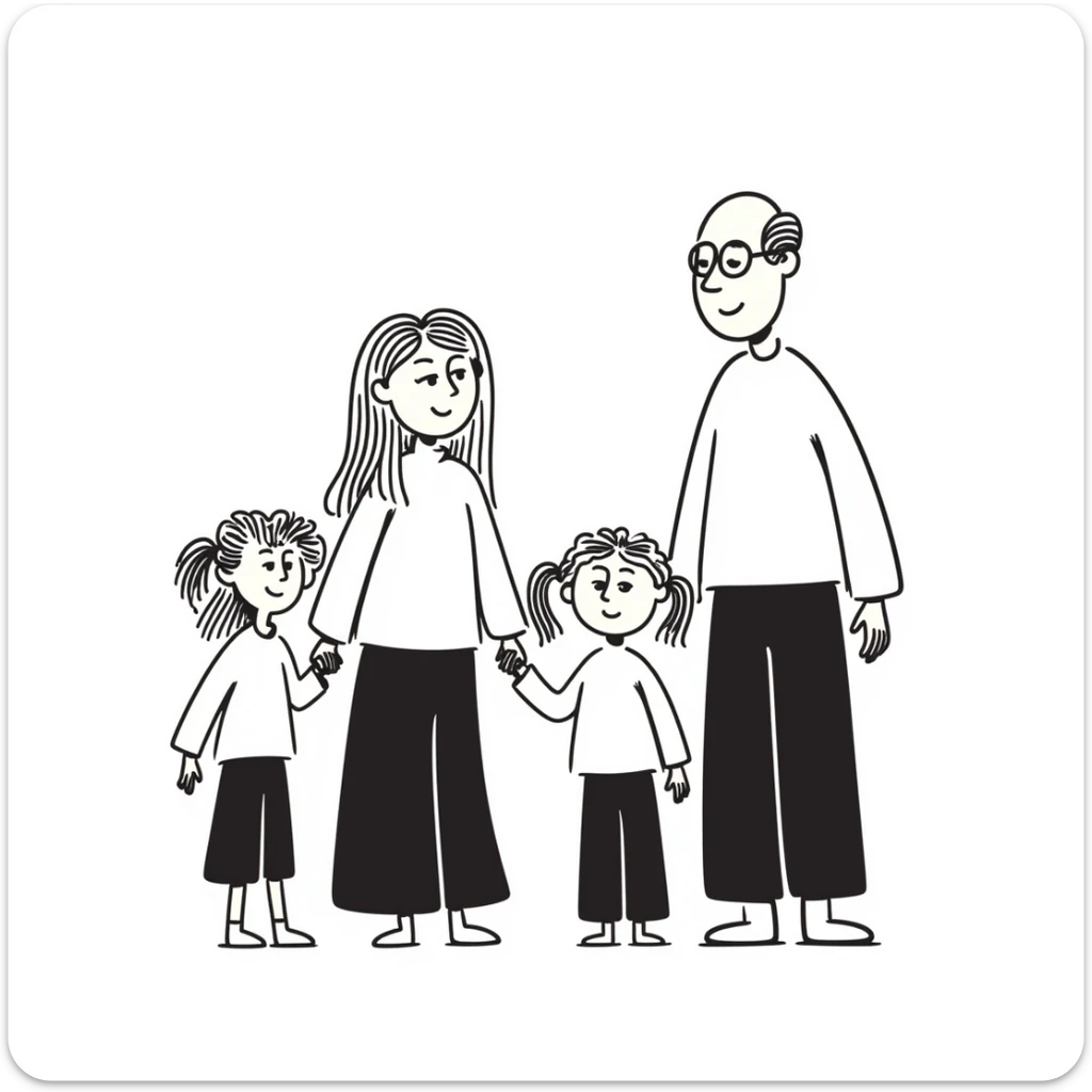 a caucasian family with a bald man, a blonde woman, two blonde girls and one blonde boy, hand drawn doodle style sticker