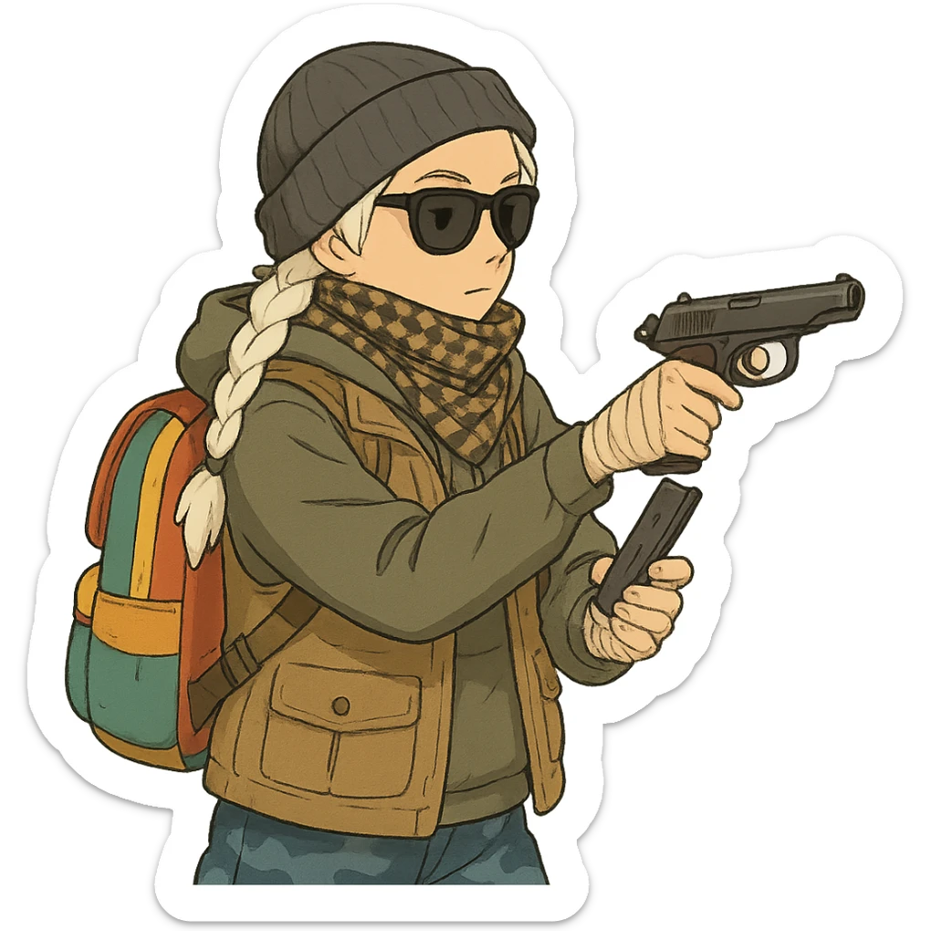 1 female, long white braid, knit cap, dark sunglasses, shemegh neckwrap, fishing vest, vibrant shool backpack, drab hoodie, handwraps, blue camo pants, executing a tactical reload of a makarov pistola sticker
