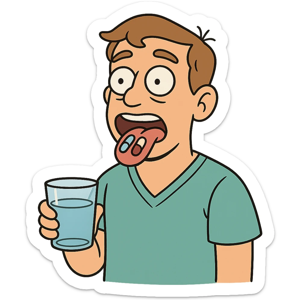 A male patient facing the front with his tongue out about to swallow two pills and holding a glass of water sticker