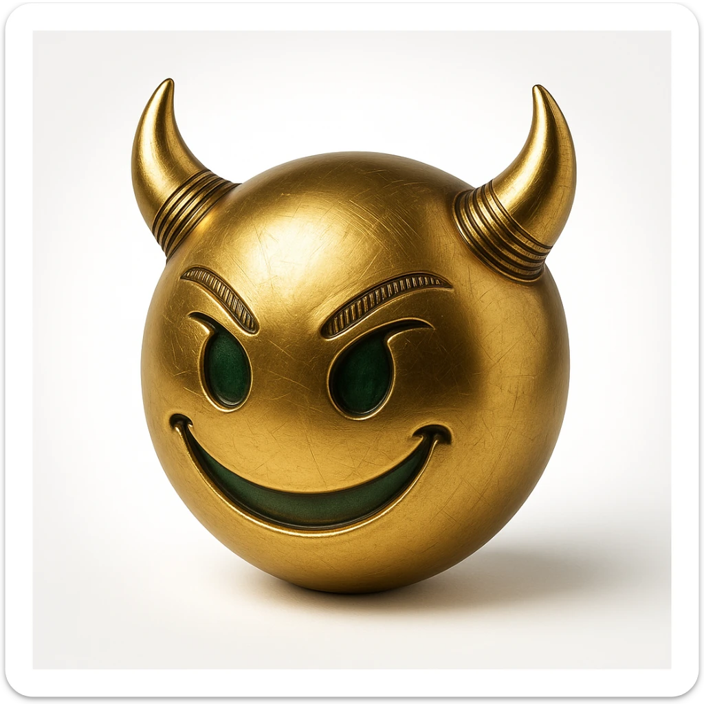 devil emoji, gold and green, elegant horns, sinister smile, modern goth aesthetic, gold effect sticker