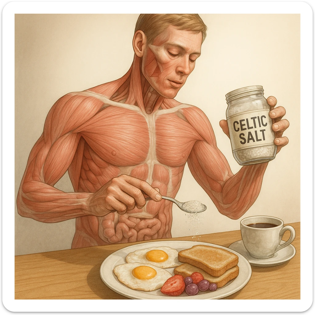 medical-style, realistic illustration of a human body eating Celtic salt from a clearly labeled jar, with breakfast items on the table, focus on anatomy and realism sticker