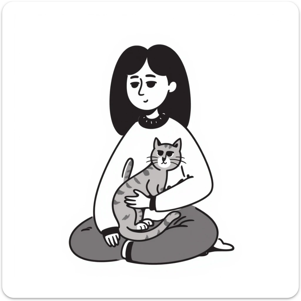 a sad brunette woman with straight hair sitting on the floor, holding a ginger cat in her lap sticker