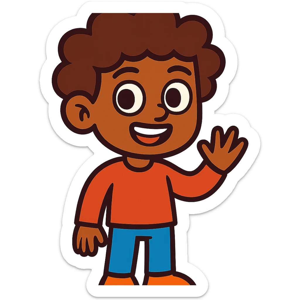 character with curly brown hair, brown eyes, brown skin sticker
