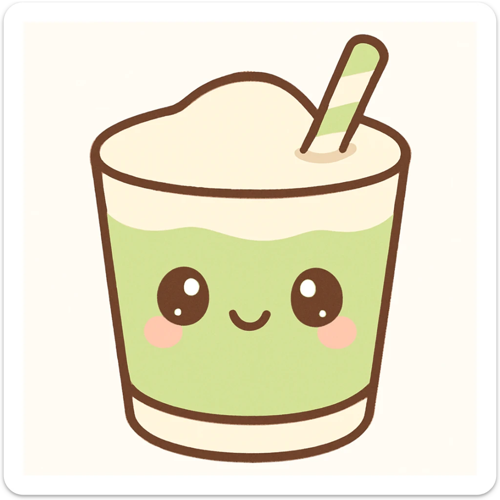 kawaii style matcha latte with a smiling face, pastel green and cream colors, and a cute straw sticker