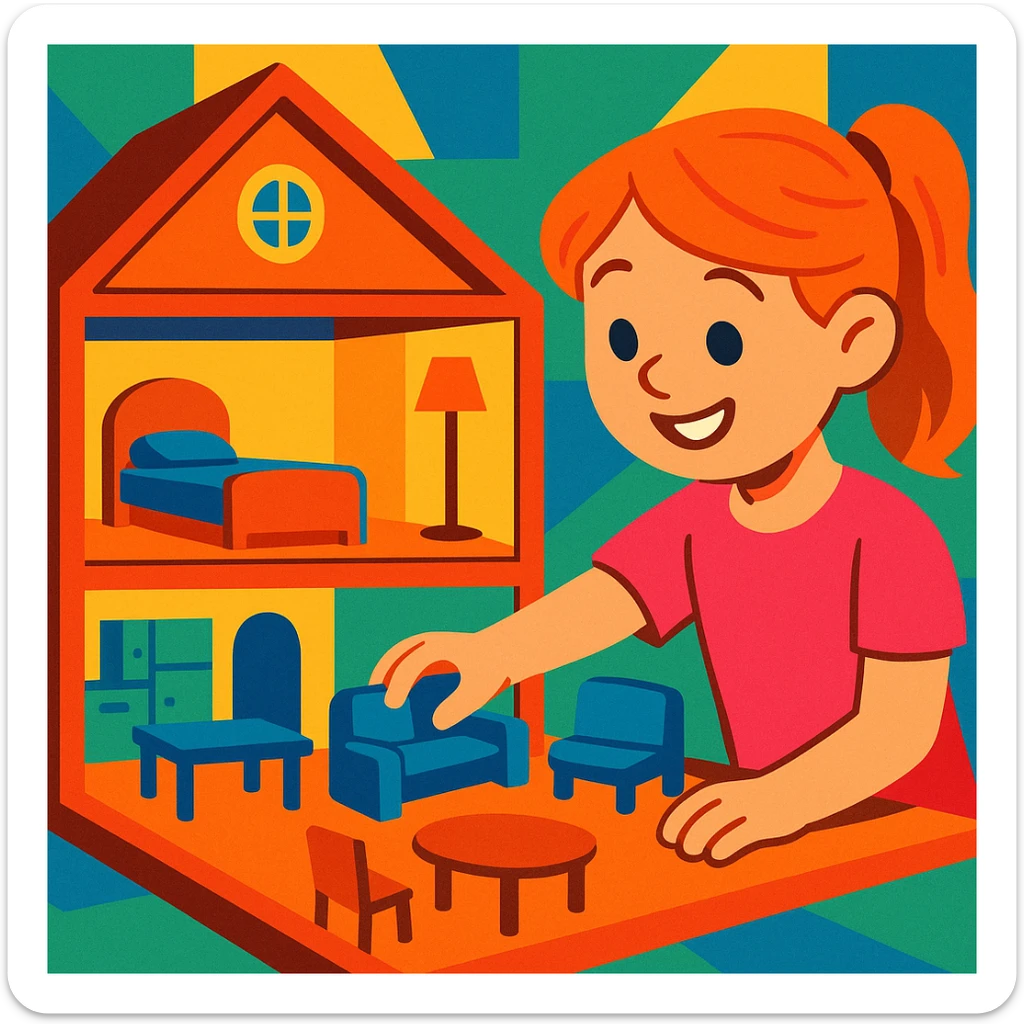 smiling girl arranging furniture in doll house sticker