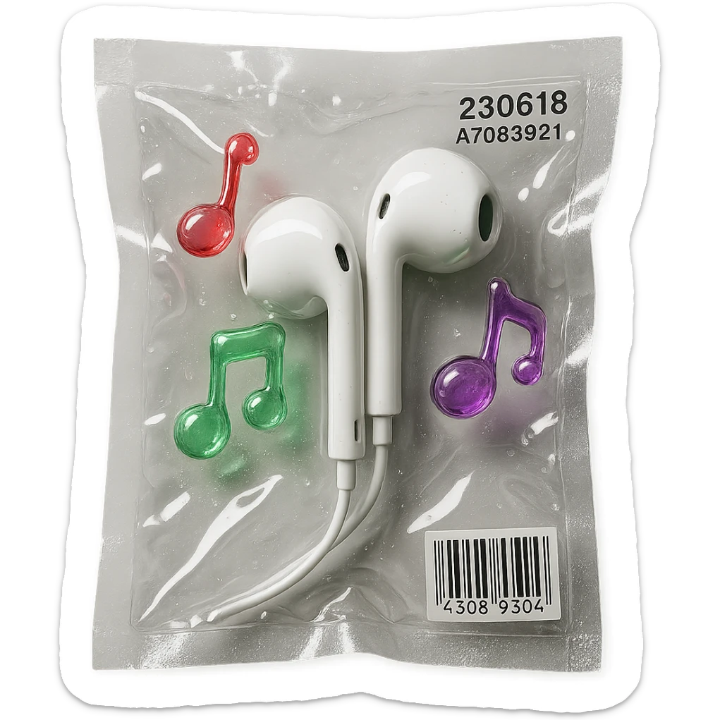 pair of white EarPods with three small glassy music notes in red, green, and purple floating around, glossy and inflated sticker