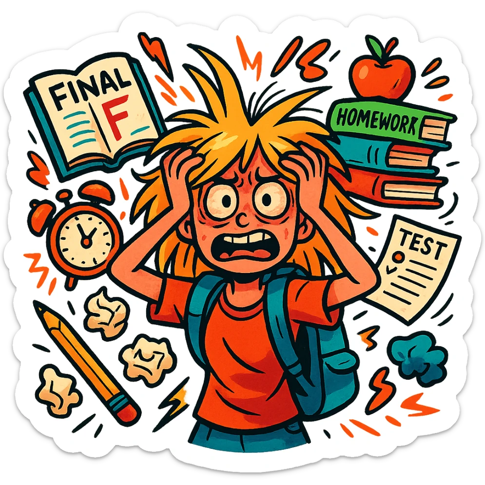 vibrant-toon style blonde straight-haired girl in survival mode, wild hair, surrounded by chaos, last month of school sticker