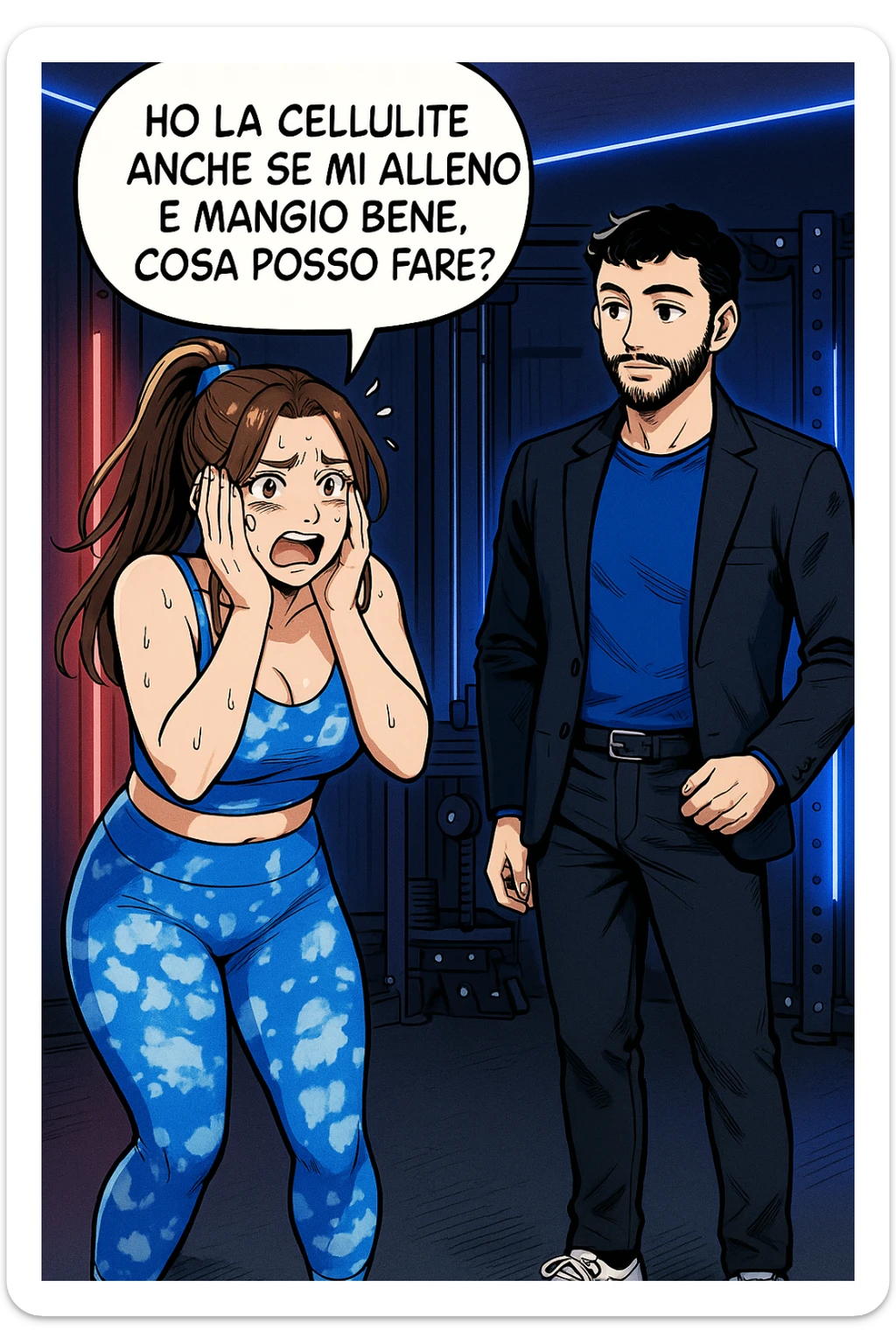 TRASFORMA QUESTO CAROSELLO IN UN FUMETTO STILE WEBTOON/MANGA A COLORI CON QUESTE DUE PERSONE IDENTICHE CHE INTERLOQUISCONO TRA LORO, LA DONNA è DISPERATA CON LE MANI SULLE GUANCE E STA DOMANDANDO TUTTA AGITATA UNA COSA ALL'UOMO:

LEI (DONNA): Ho la cellulite anche se mi alleno e mangio bene, cosa posso fare? sticker