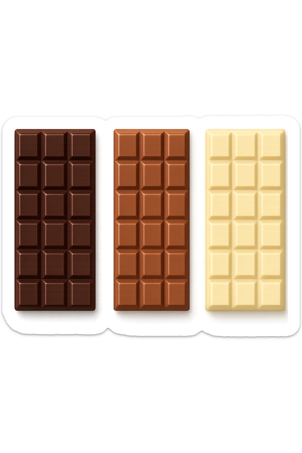 3 emoji stile iphone di BARRETTE DI CIOCCOLATO, UNA FONDENTE, UNA AL LATTE E UNA BIANCA, CON OMBRA REALISTICA, VISTE DALL'ALTO, IPERREALISTICO 4K sticker