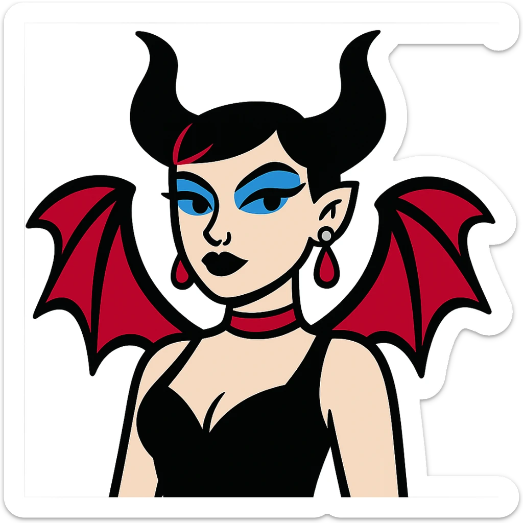 cartoon goddess with pale skin, short black and red hair, Maleficent horns, bat wings, black low-cut dress, red drop earrings and choker, blue cat-eye makeup, black lipstick, silver facial and ear piercings sticker