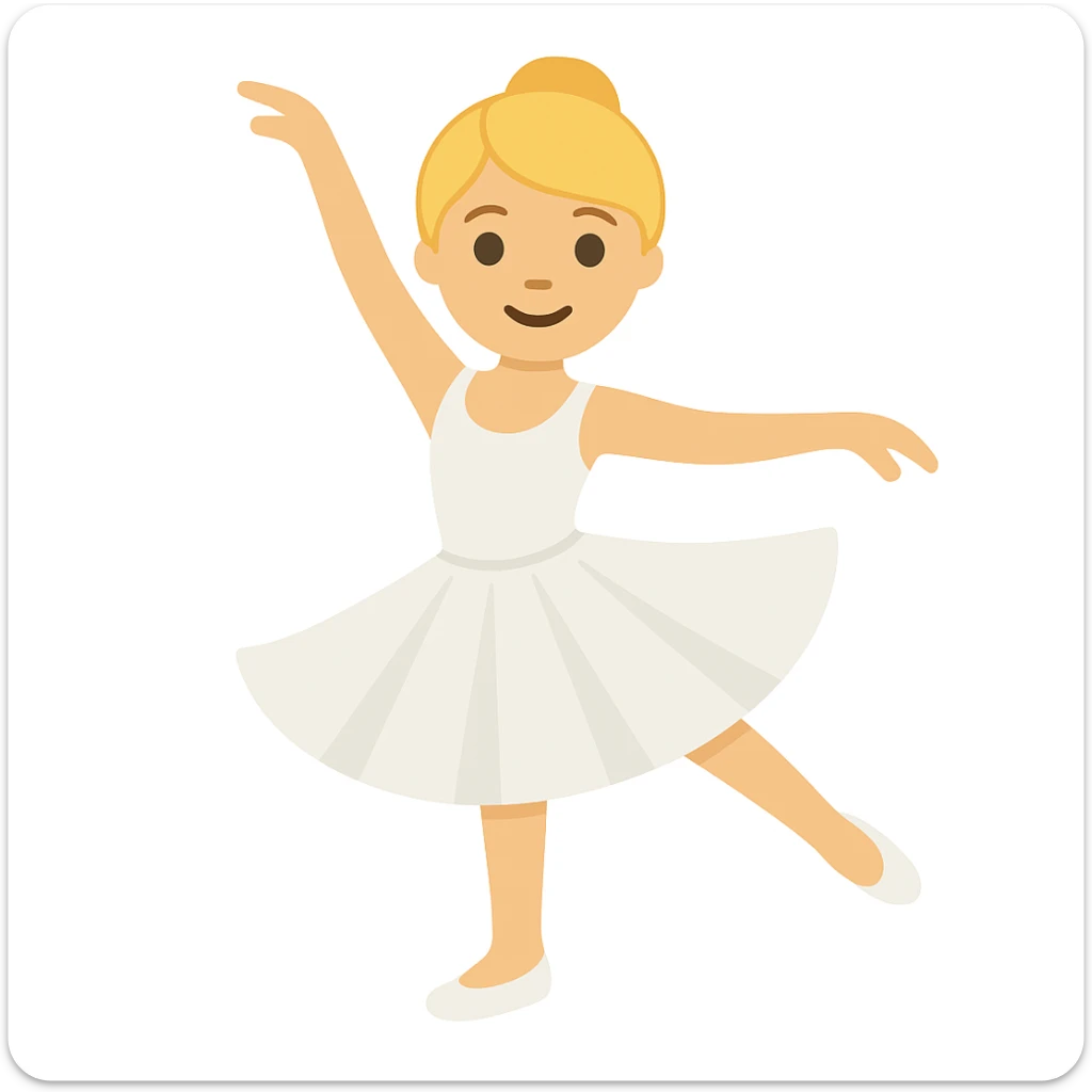 Generate another blonde female ballet dancer in a white dress, similar style and pose to the reference image, in emoji style. The style should mimic the look of apple style emojis with simple and concise features. sticker
