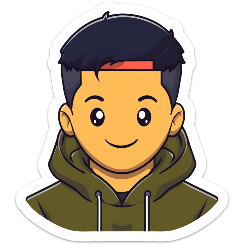 man with smiley face, black hair military cut, brown eyes, wearing 2 circle earrings and a black hoodie sticker