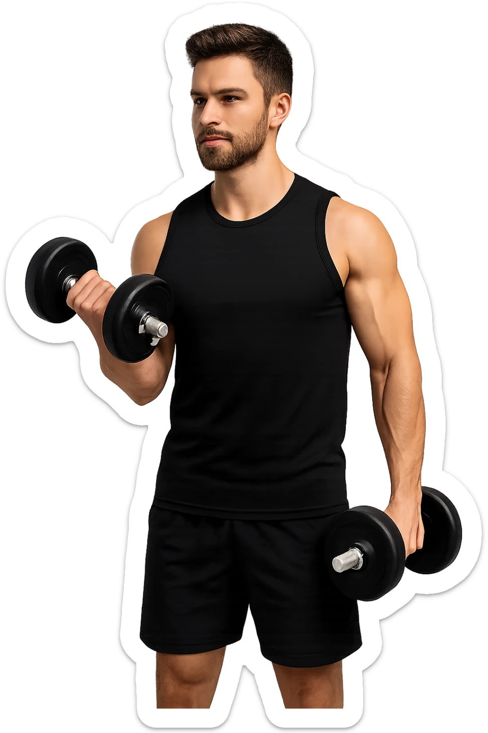 uomo fitness in forma con manubri da palestra in mano, isolata su sfondo bianco sticker