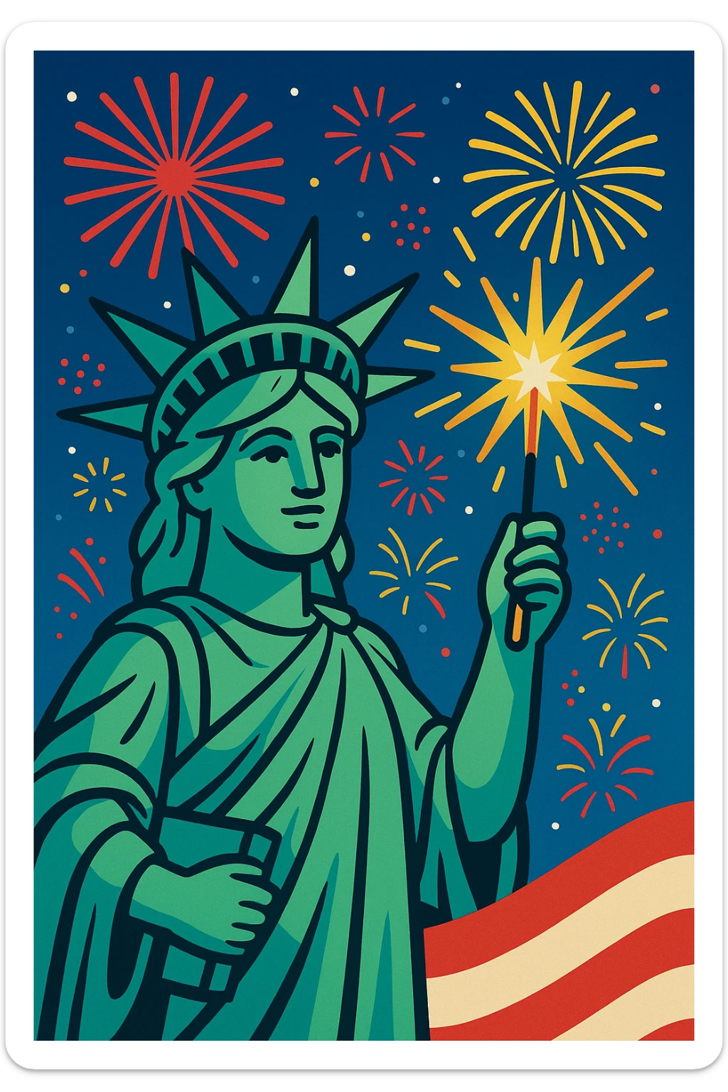 Statue of Liberty holding a sparkler, 4th of July, festive, colorful sticker