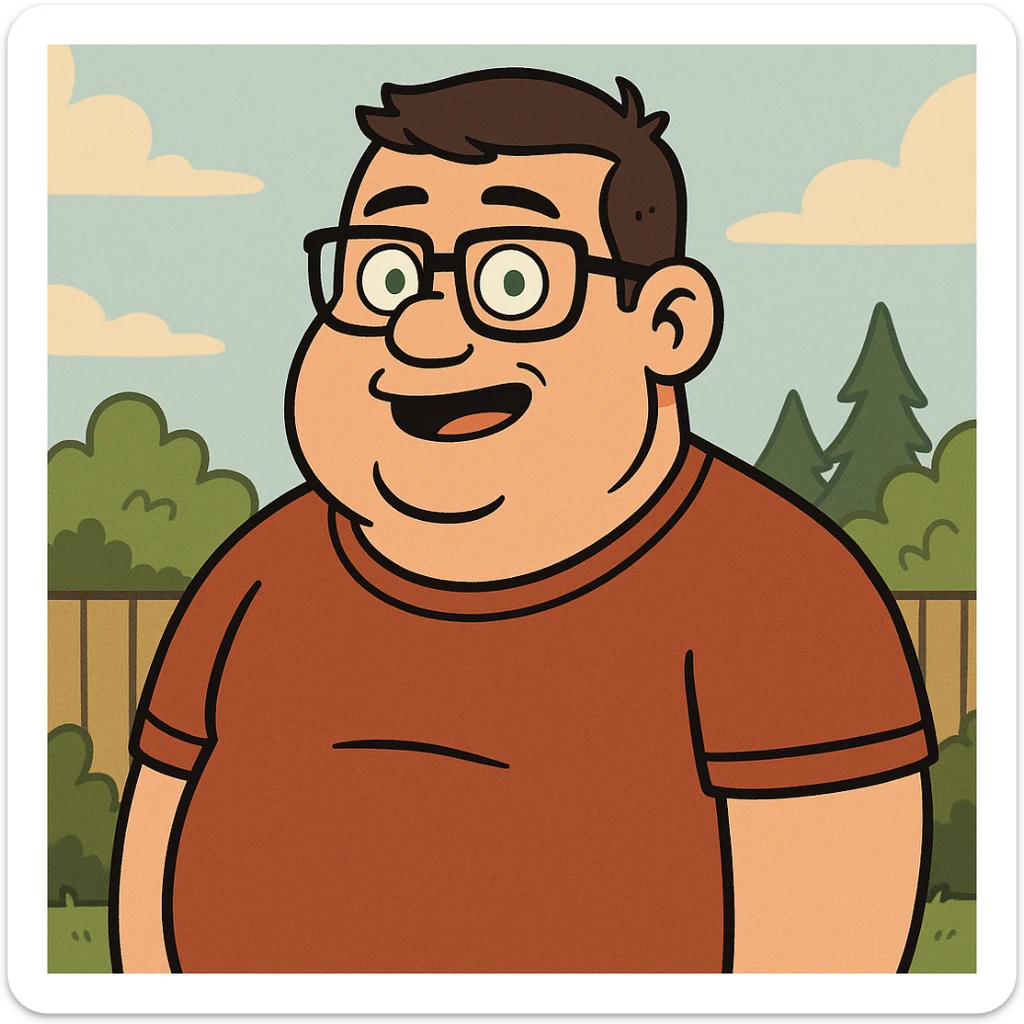 cartoon male, stocky, short dark brown hair, glasses, greeny blue eyes, simple background sticker