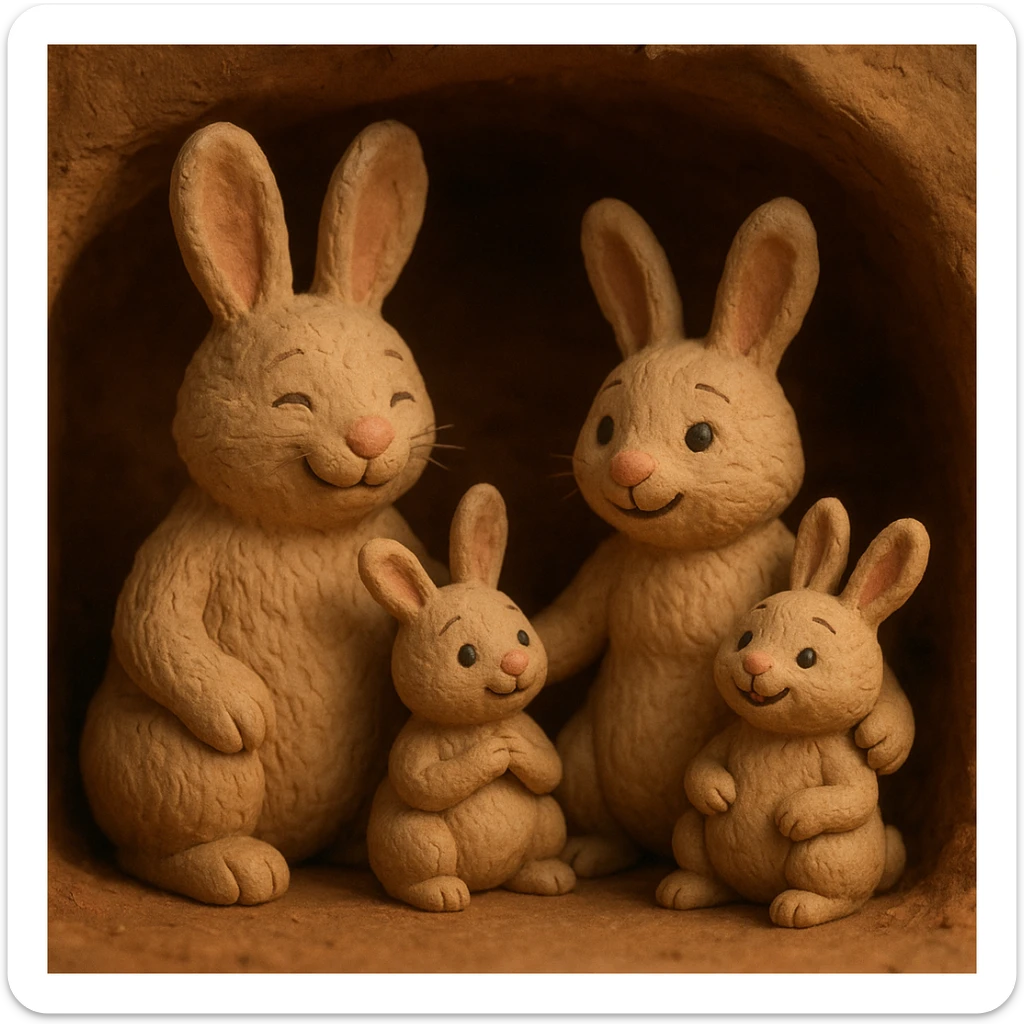 rabbit family in a burrow, cozy and cheerful, detailed fur, claymation style sticker