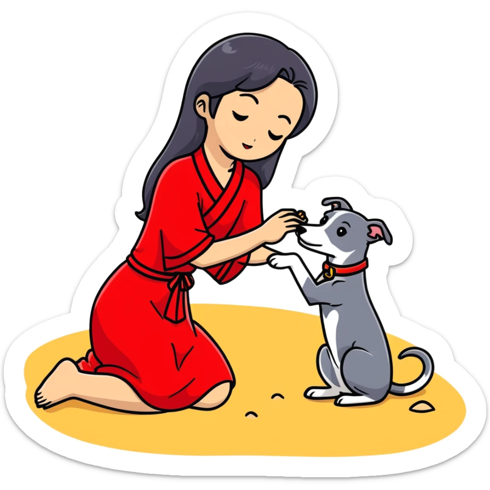 A beautiful 25-year-old Japanese woman with long flowing black hair wearing a stylish red beach dress, gently petting a PURE SOLID DARK GREY whippet with a bright RED COLLAR on a beach at night under a starry sky. The whippet MUST be 100% SOLID DARK GREY with ABSOLUTELY NO WHITE MARKINGS ANYWHERE - specifically NO WHITE on face, NO WHITE on chest, NO WHITE on paws - ENTIRELY ONE CONSISTENT SOLID DARK GREY COLOR throughout. Deep blue night sky filled with bright stars, moonlight reflecting on the ocean, sandy beach in the foreground. sticker