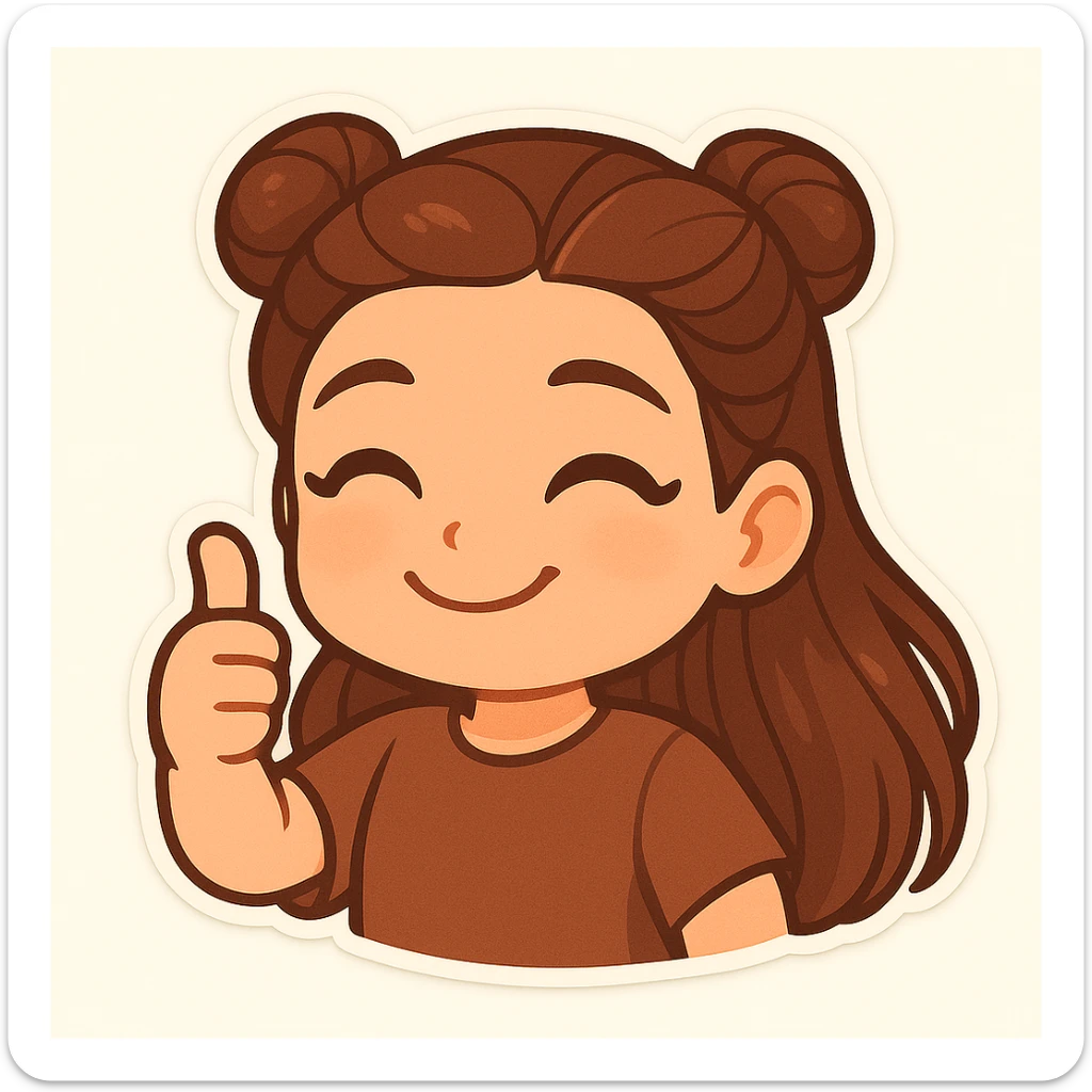 Create a chibi sticker of the girl with double bun hairstyle, smiling and showing a thumbs up, looking pleased and proud. sticker