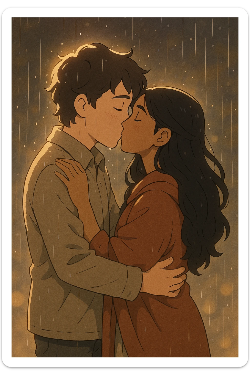 Joel and Madhu in a loving embrace, kissing softly in the rain, magical atmosphere with gentle rain and soft lighting, Ghibli style capturing warmth and romance. sticker