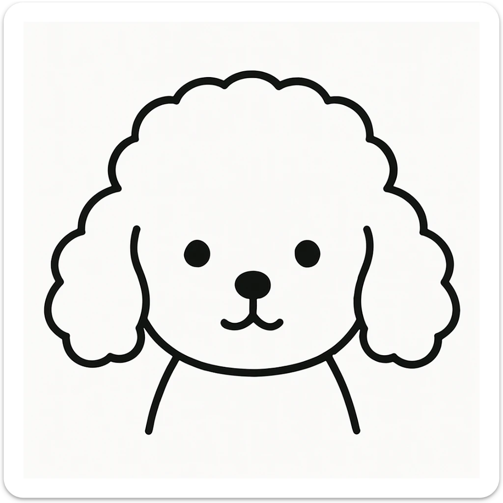 minimalist kawaii line art of a poodle-like dog's head with a large, round, fluffy head and puffy, curly ears hanging down on each side, resembling a poodle. facial features are extremely minimal: two small black dot eyes set wide apart, a tiny round nose, and a simple curved mouth like an upside-down 'Y'. thick, clean, bold black lines on a white background. expression is calm and neutral, conveying a gentle, sweet, and peaceful personality. symmetrical, child-friendly, warm and cozy feeling. no colors or shading, just black linework. slight hand-drawn quality but polished and readable, ideal for coloring books or stickers. sticker