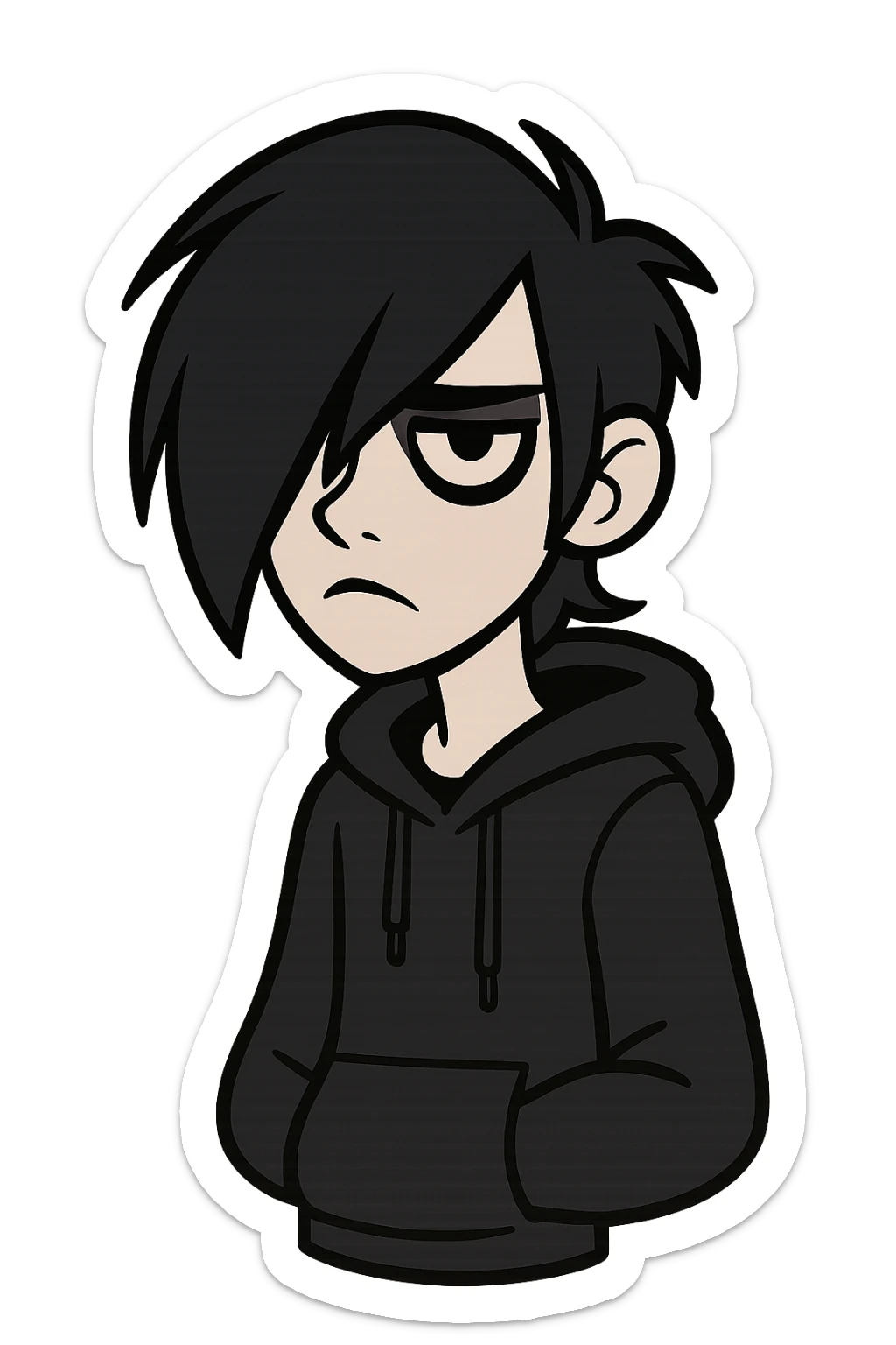 emo teen with dark hair covering one eye, cartoon style, dramatic eyeliner, black hoodie, pale complexion, no background sticker