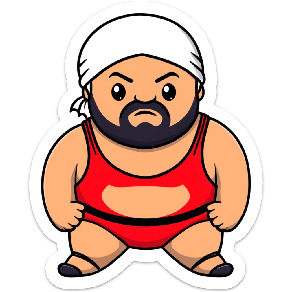 White skin fat guy with black durag and black beard in a red and black wrestling singlet sticker