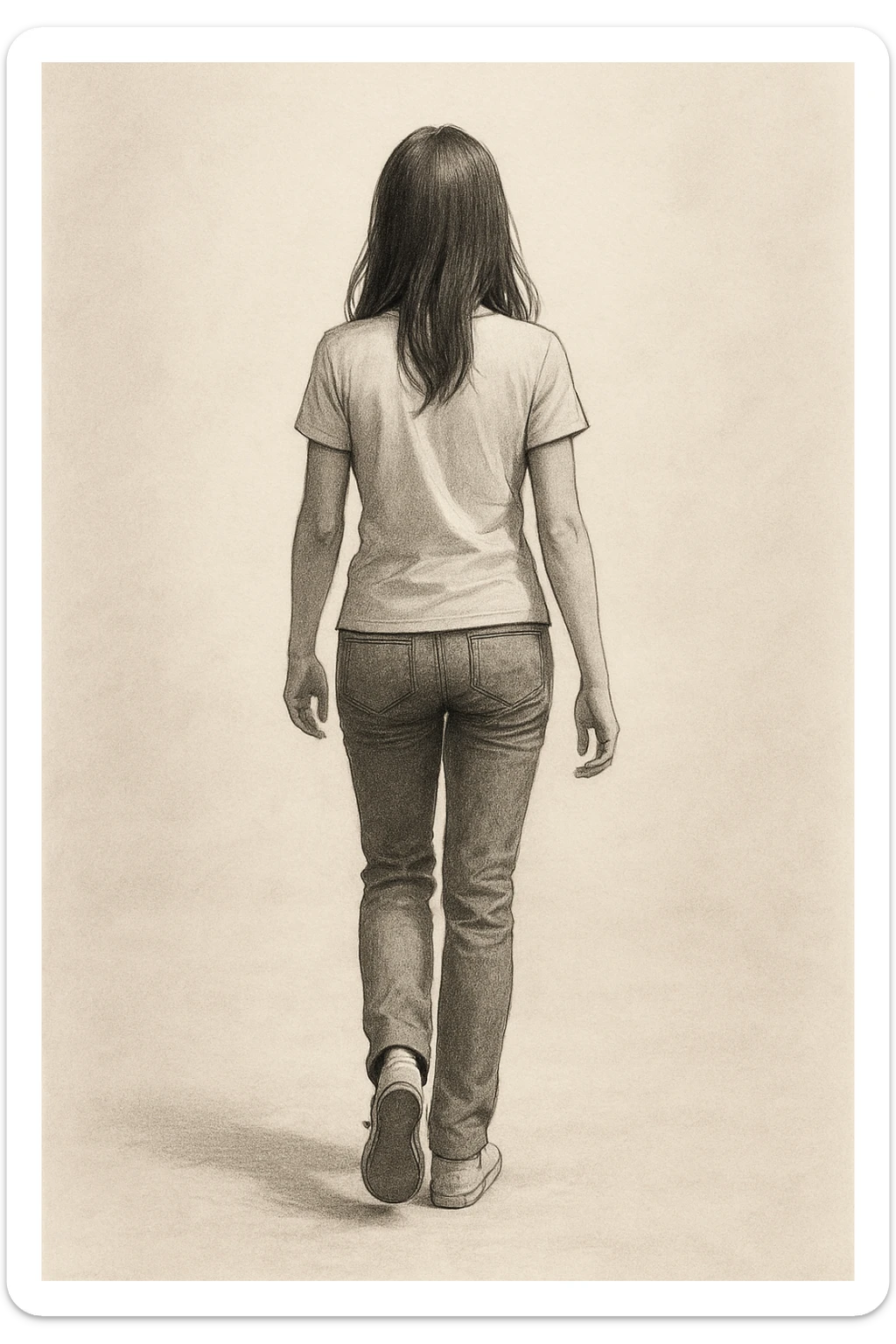 full-length illustration of a girl seen from behind, walking forward, wearing simple clothing, neutral background sticker