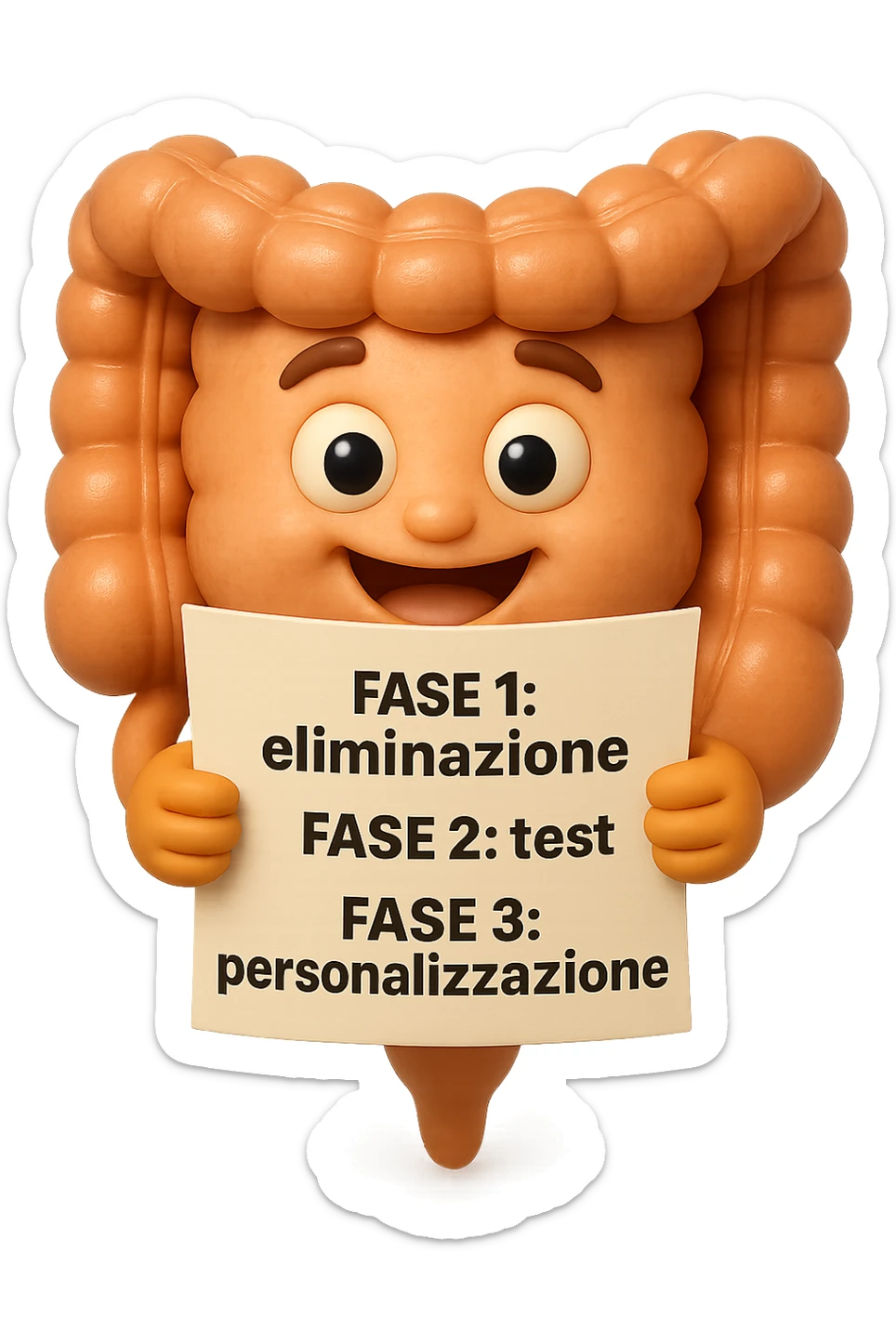 emoji stile iphone 3d di un intestino che tiene in mano un foglio con la scritta "FASE 1: eliminazione, FASE 2: test, FASE 3: personalizzazione, IPERREALISTICO 4K sticker