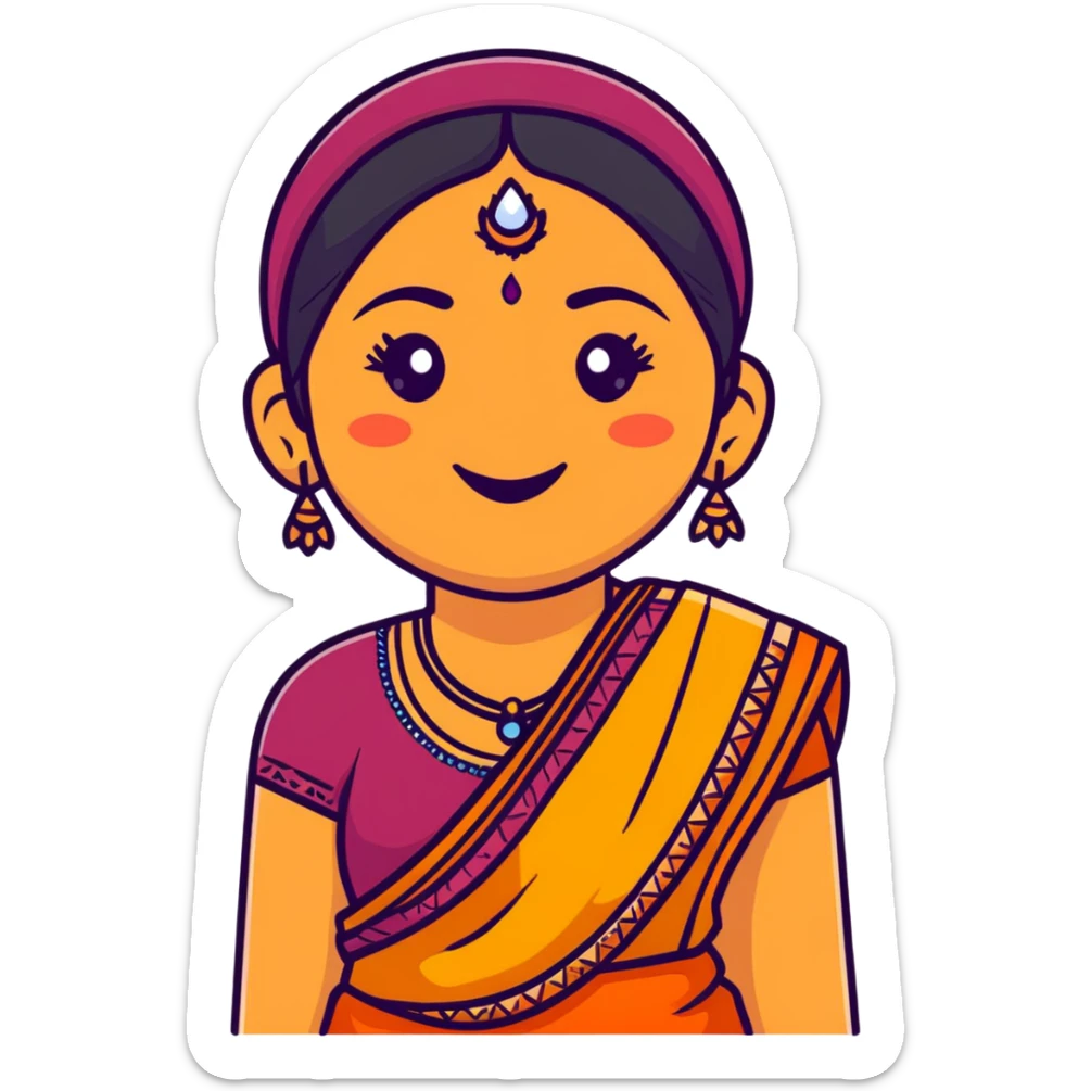 A cheerful Indian aunt (mausi) character with a plump face, smiling, wearing traditional Indian clothing and a bindi sticker