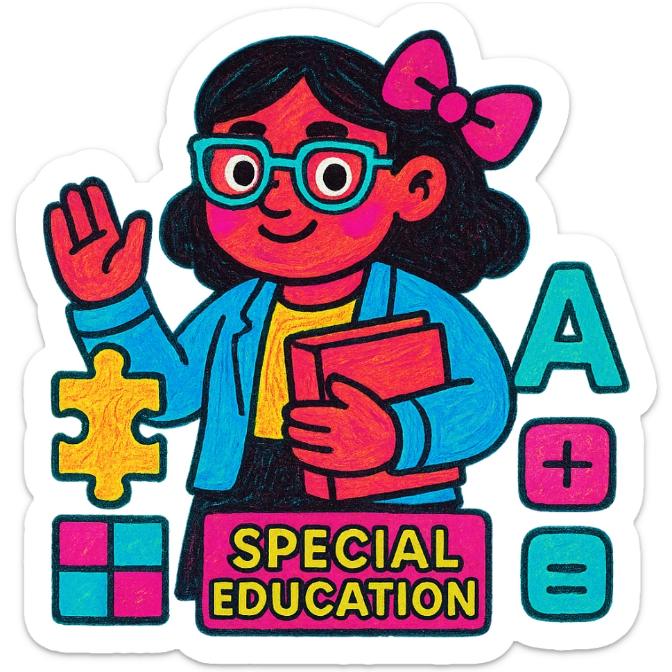 Add glasses to the special education teacher with a pink bow in her hair, maintaining the colorful cartoon style. sticker