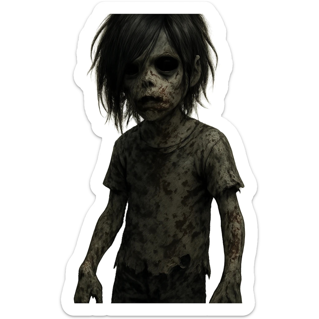 boy zombie with black emo-style long hair, creepy and scary, black eyes, dark skin, horror style sticker