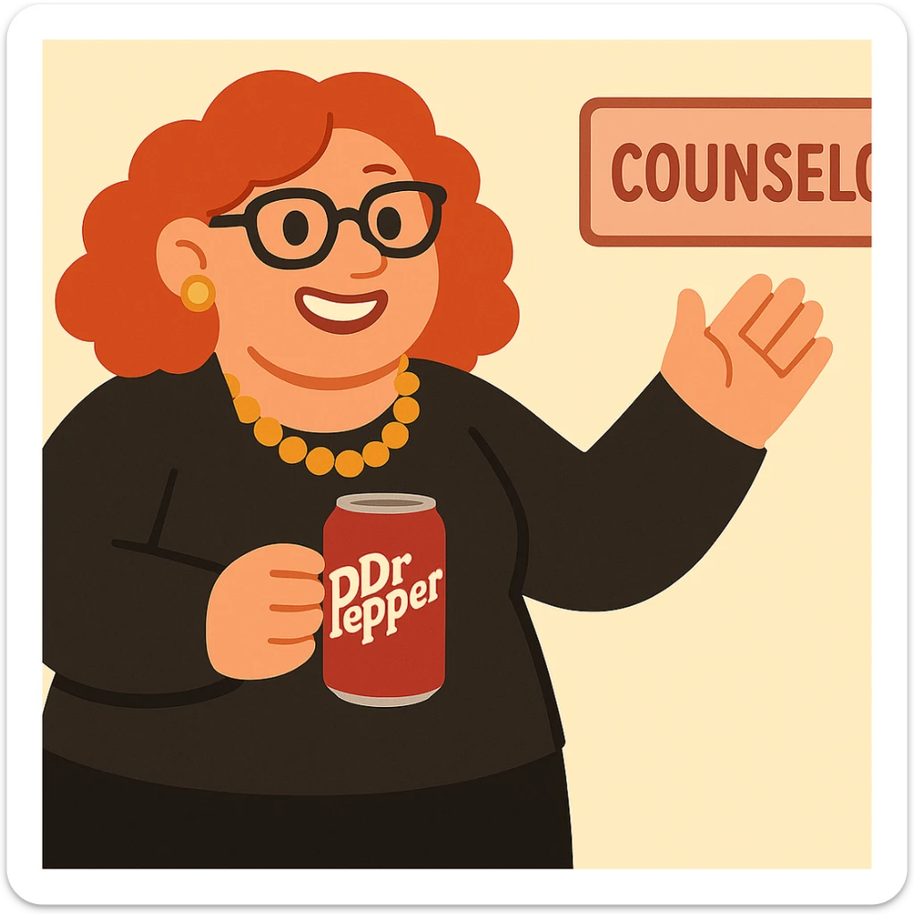 Add jewelry including earrings and a necklace, dress her in black clothes, and put a Dr Pepper soda in her hand. Keep her fun and approachable in the style of the original image. sticker