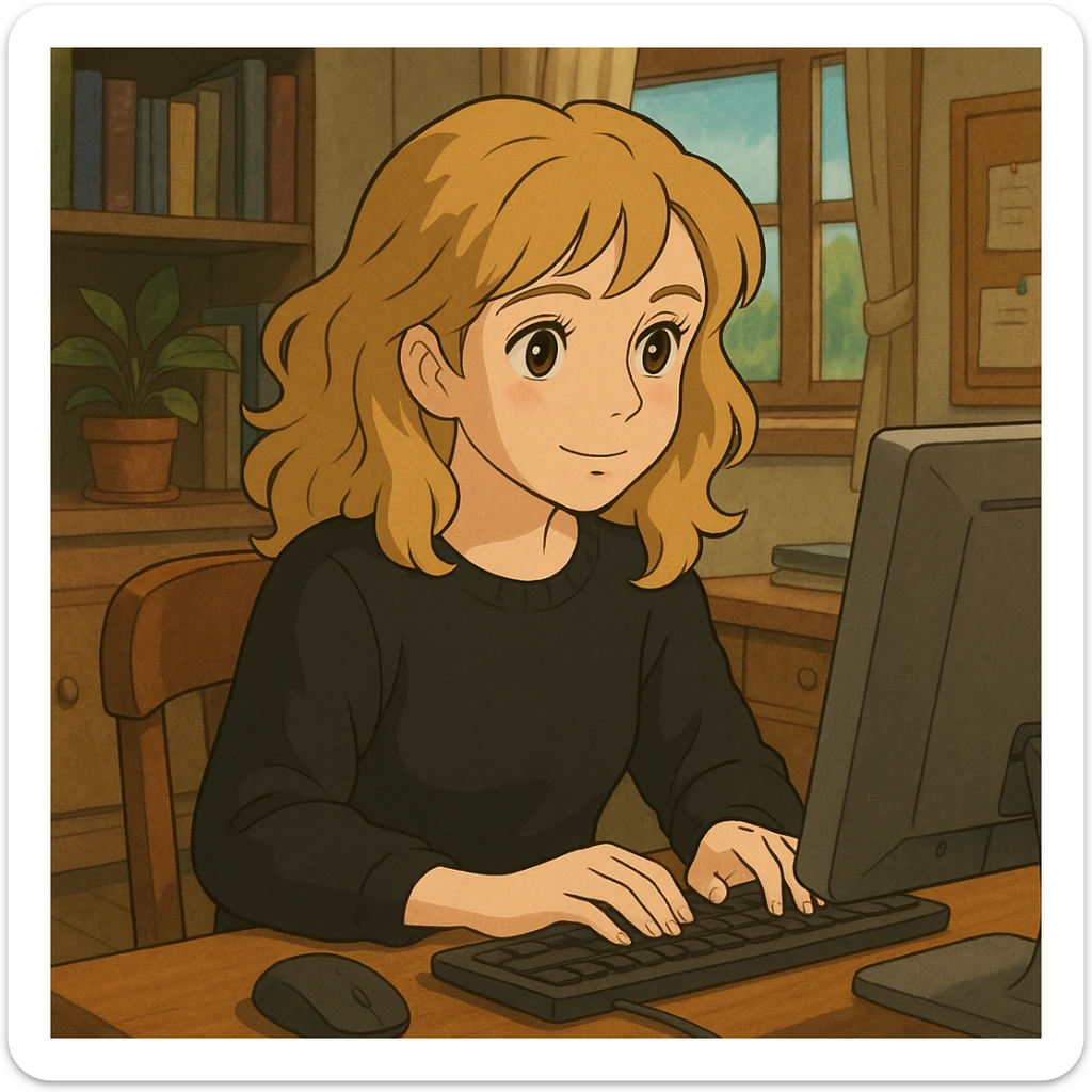 pretty brown-eyed blonde young woman with wavy hair, wearing a black sweater, working on a computer in a cozy office sticker