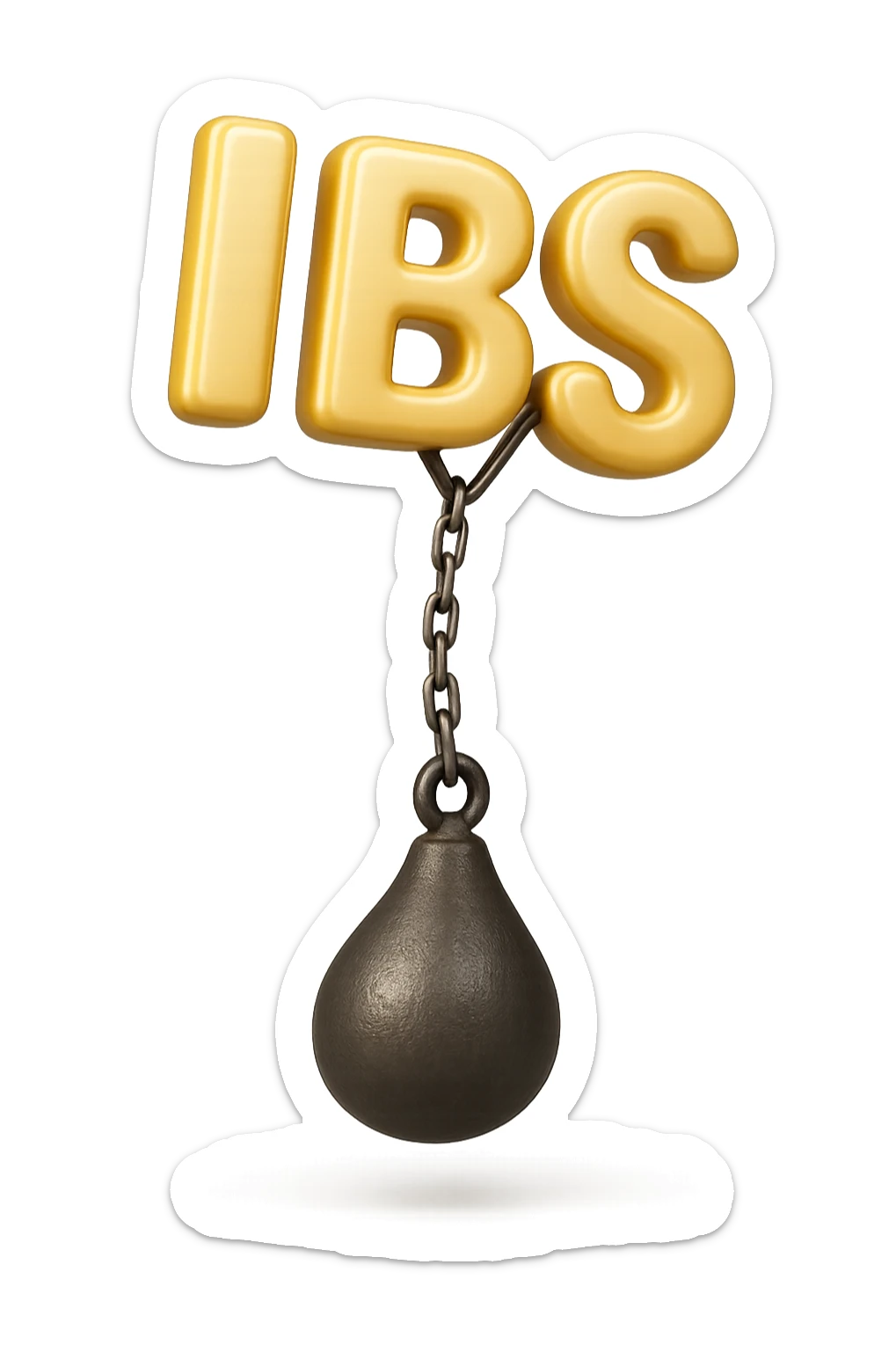 emoji stile iphone della parola "IBS" sospesa in aria con zavorra attaccata sotto che la fa cadere per il peso, iperrealistico 4k sticker