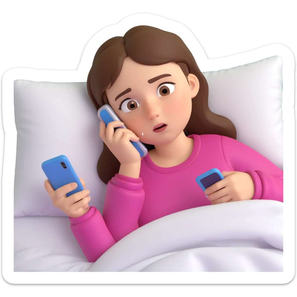 A girl lying in bed, staying up late playing on her phone. She looks exhausted, with dark circles under her eyes and appears very tired sticker