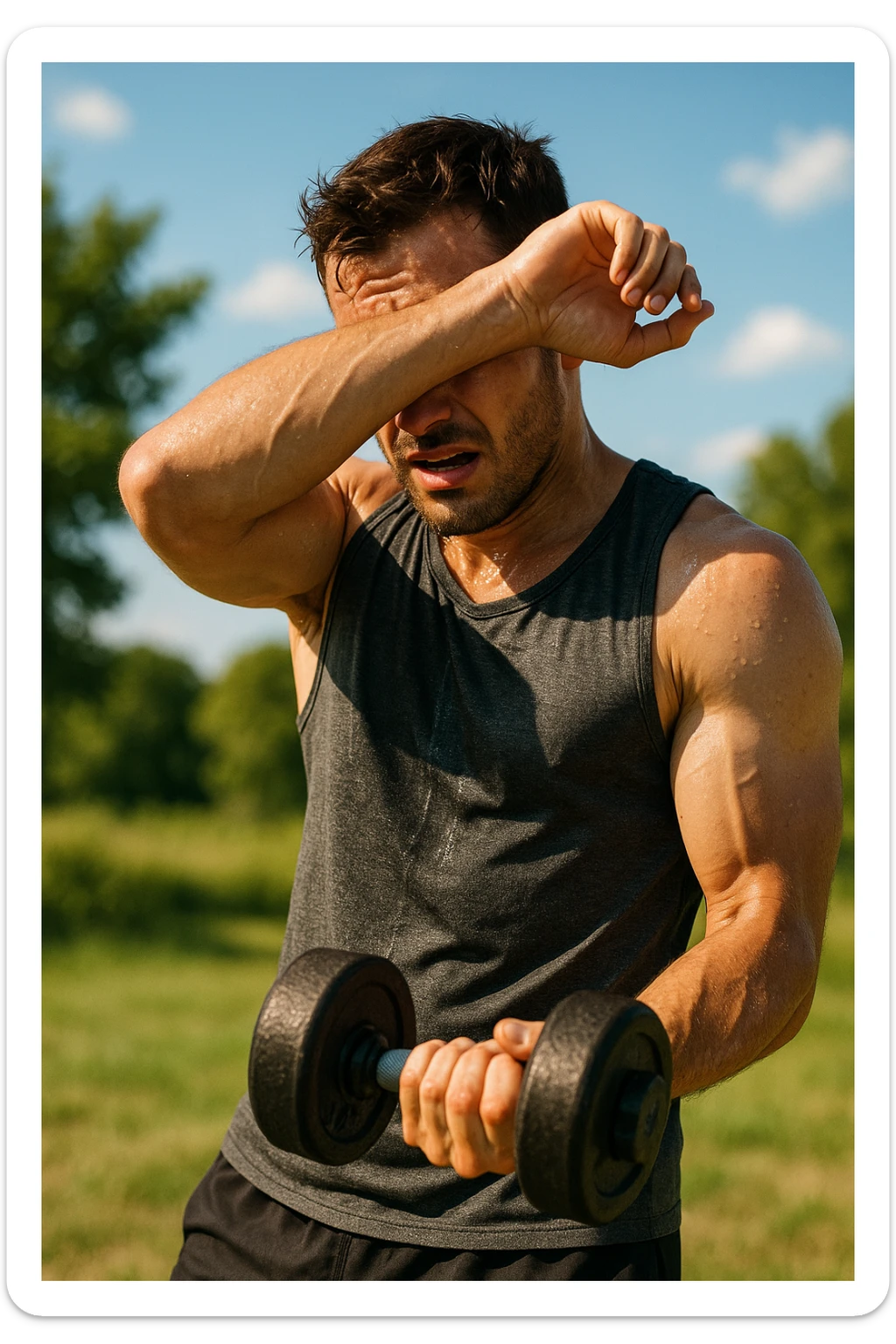 uomo fitness che si allena in estate, tutto sudato, con una mano fa un curl manubri mentre con l'altra mano si asciuga il sudore dalla fronte, espressione affaticata in volto sticker