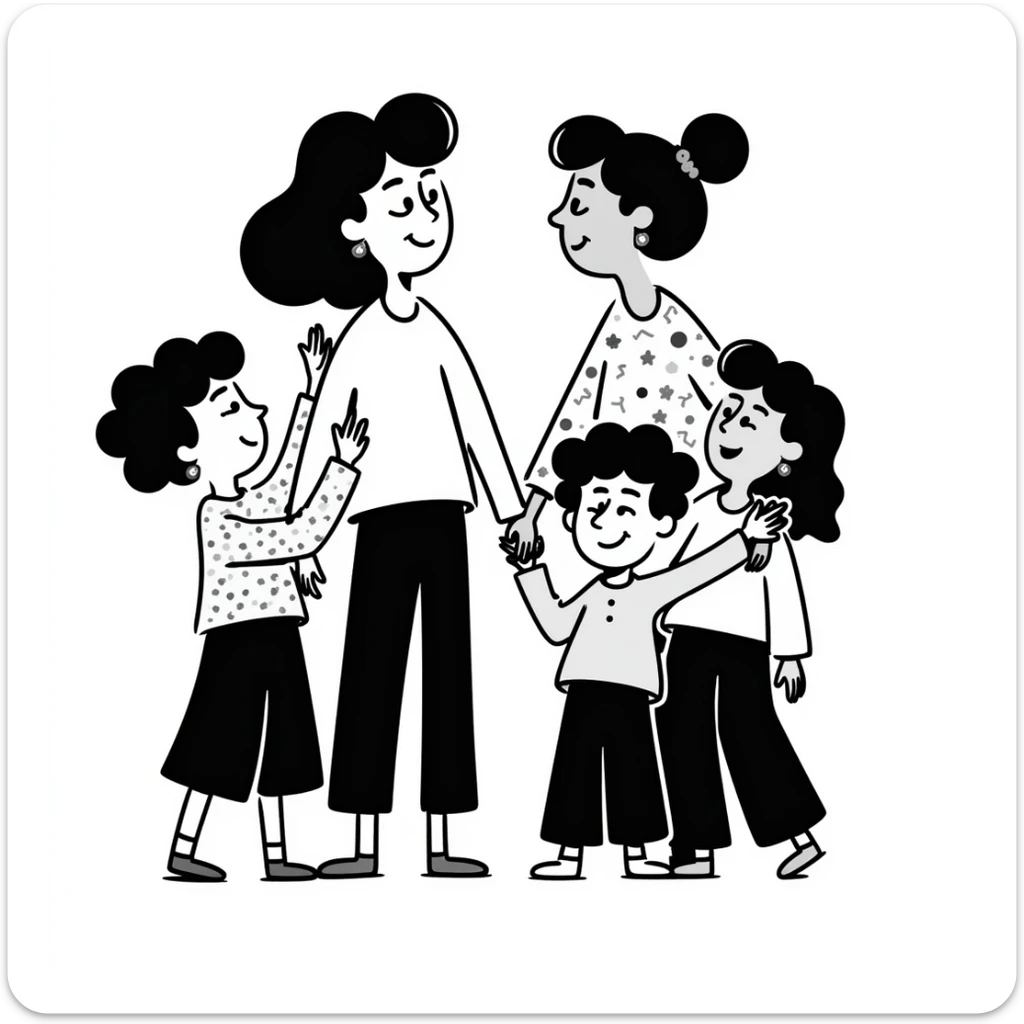 black doodle illustration of a family with two moms and young kids, casual, friendly, hand-drawn sticker