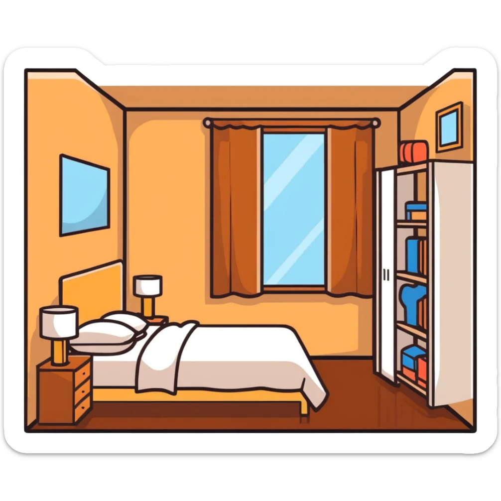 cute bedroom with cream colored walls, wooden bed frame, wooden shelves, fluffy rug, plants sticker