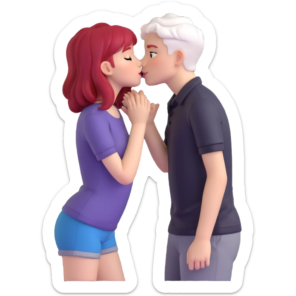 couple kissing, boy with PAPER WHITE SHORT HAIR (completely white), dark shirt, girl with long cherry red hair, light clothes sticker