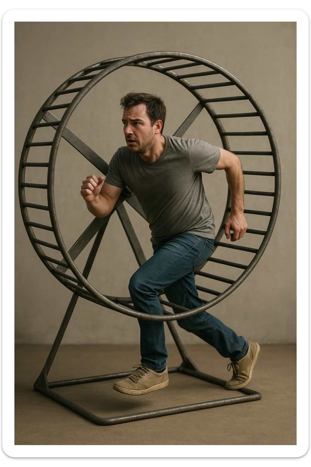 uomo che corre dentro la ruota del criceto come un circolo vizioso immagine realistica sticker