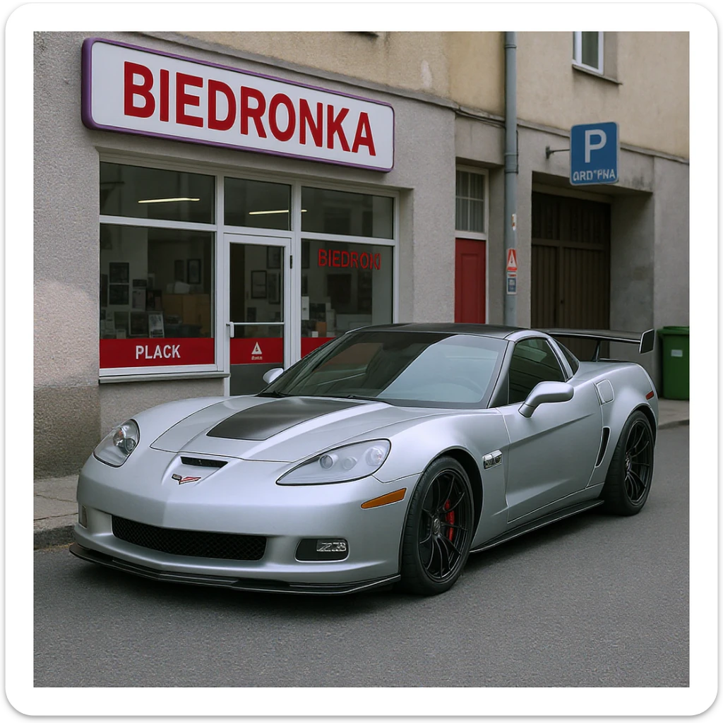 Photo of a Corvette Z06 silver parked next to polish shop "biedronka" sticker