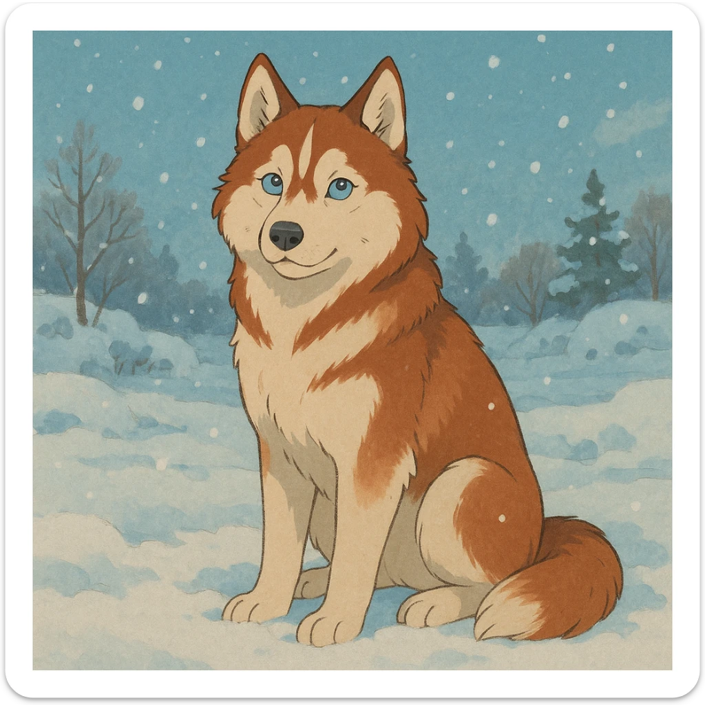 red siberian husky with blue eyes sitting in the snow sticker