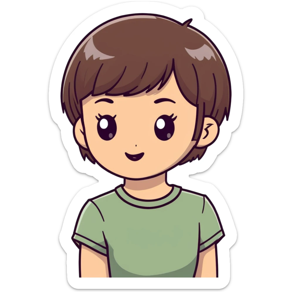 White girl with short wolfcut hairstyle, brown eyes, straight hair, wearing a sage green top sticker