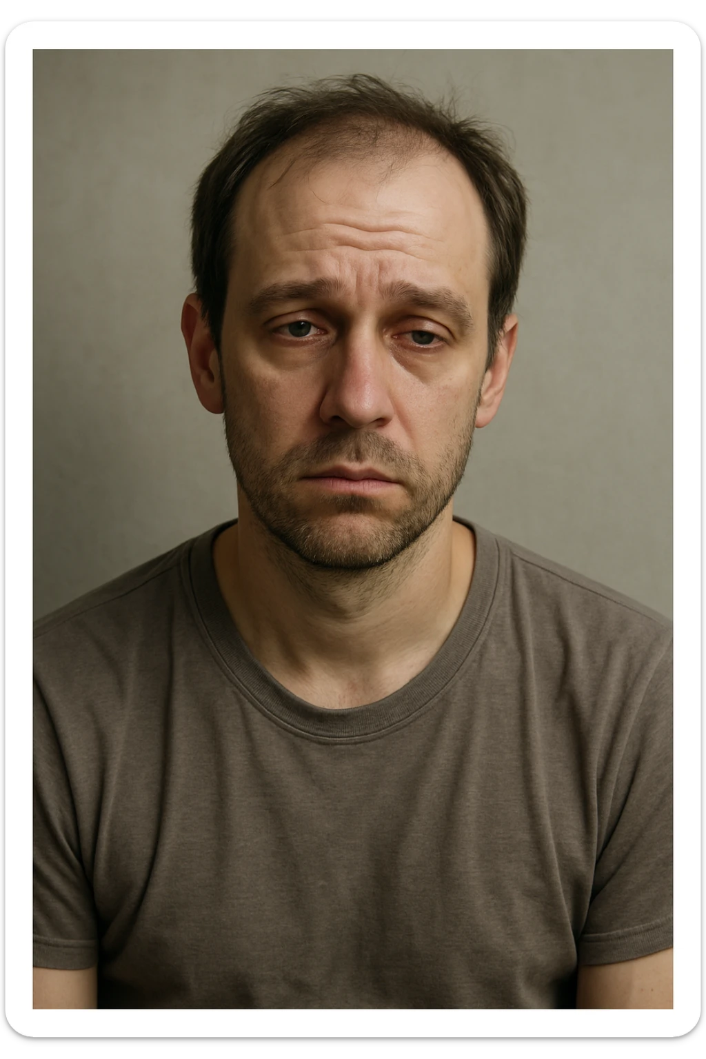 Un uomo caucasico di 35-45 anni, in CGI fotorealistico, che mostra i segni fisici ed emotivi di un basso livello di testosterone. sticker