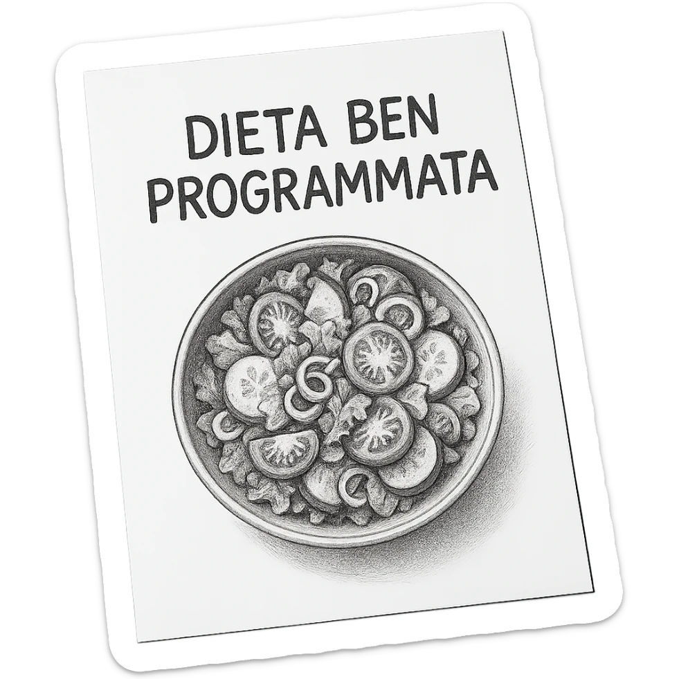 hyperrealistic 4K top view of a white sheet of paper with a bowl of salad drawn on it and the text 'DIETA BEN PROGRAMMATA', no background sticker